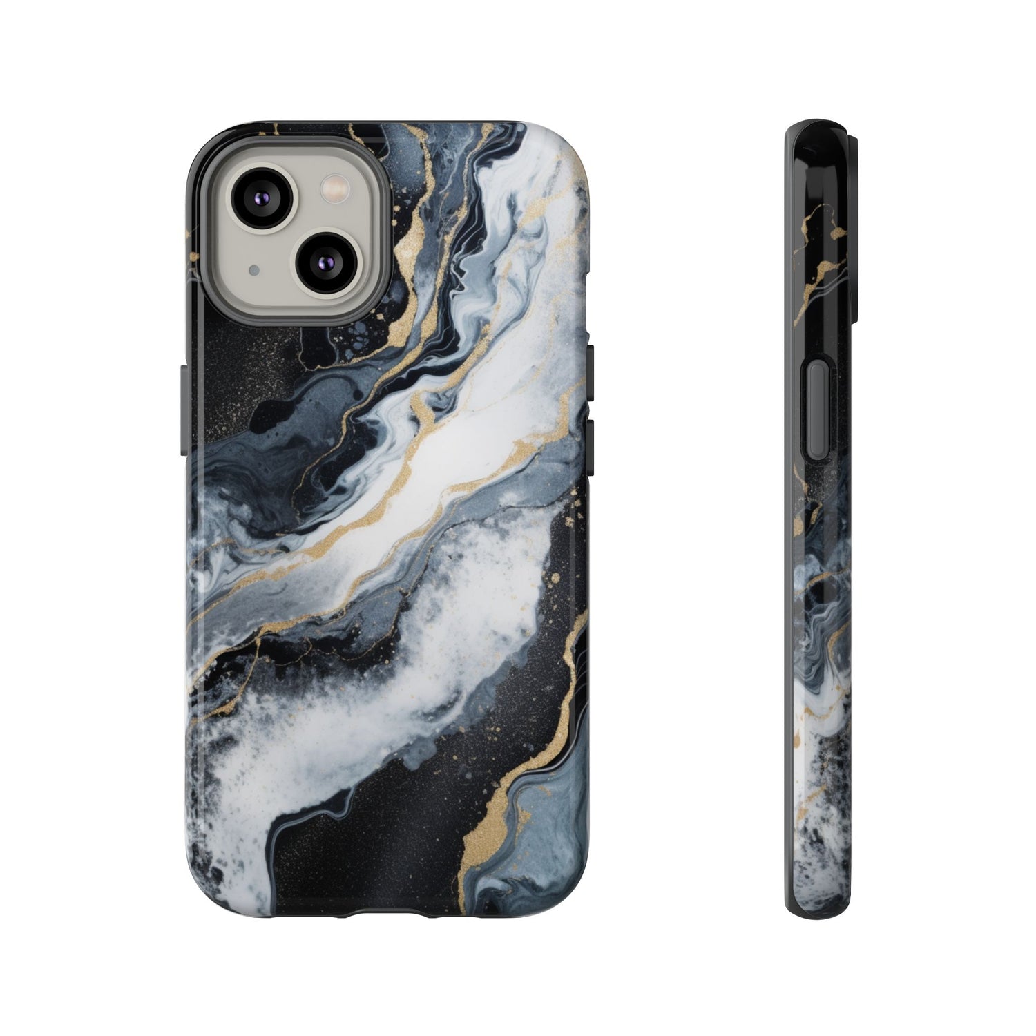 Celestial Marble Phone Case - Black & Gold Swirl Design iPhone 14 Glossy