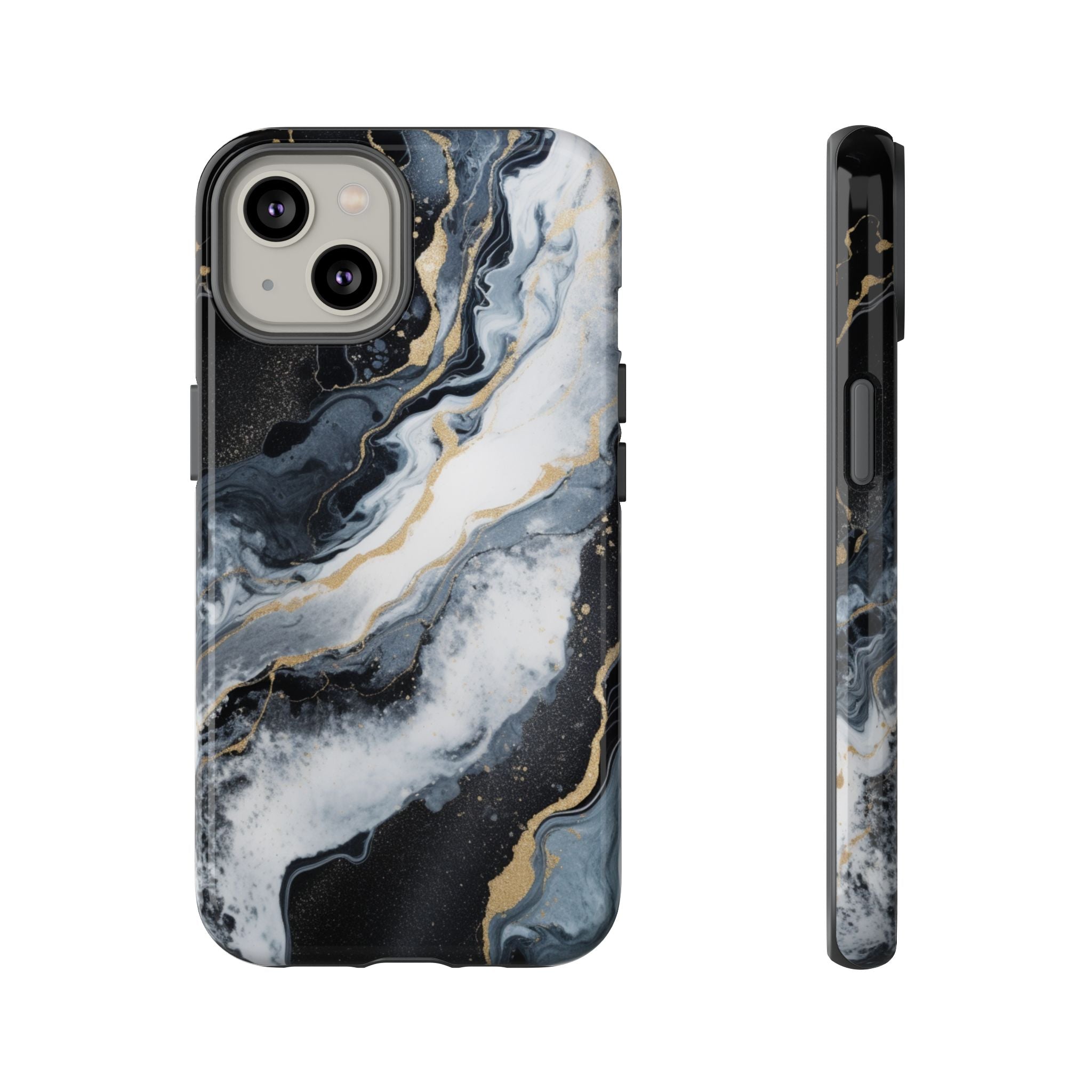 Celestial Marble Phone Case - Black & Gold Swirl Design iPhone 14 Glossy