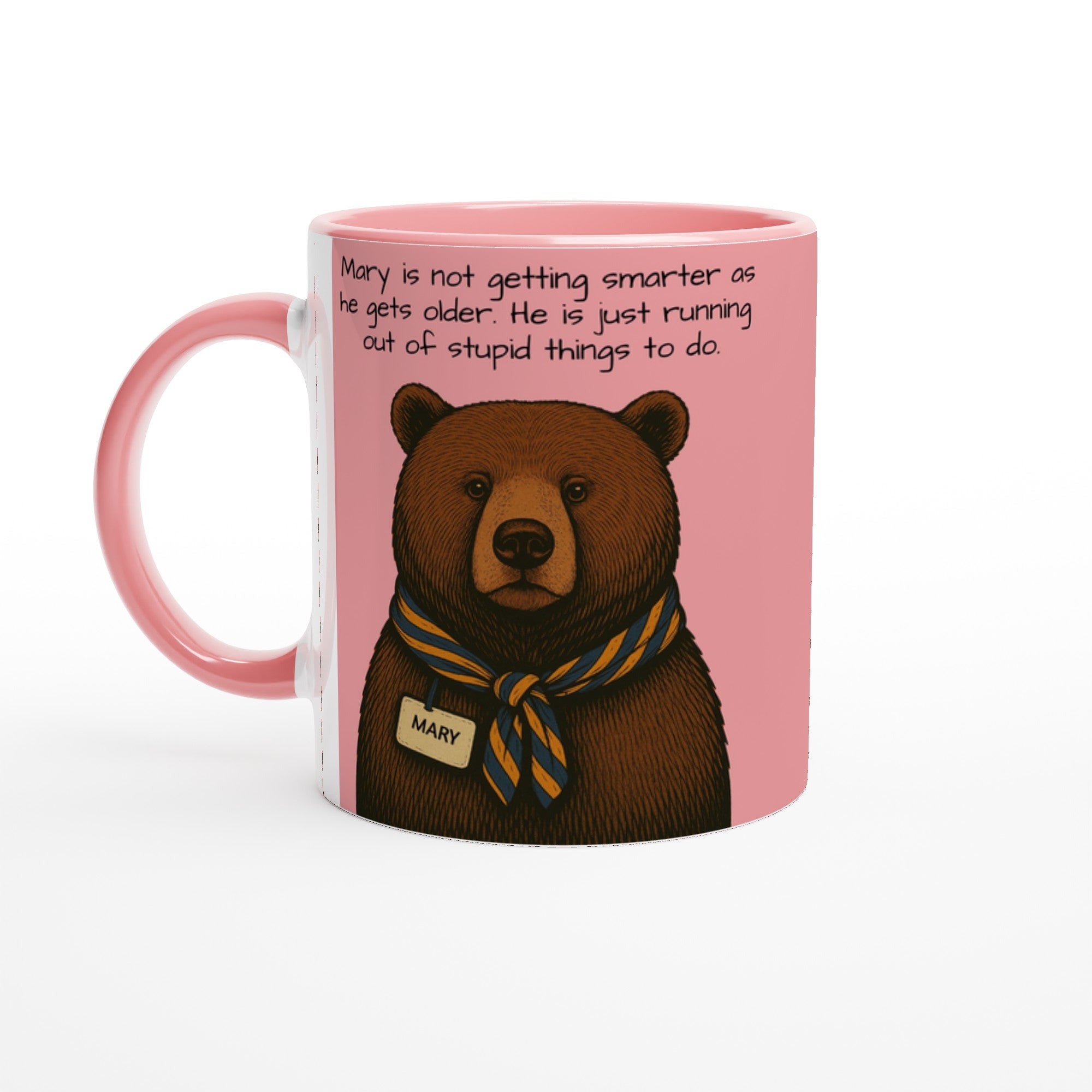 Wise Bear Mug – Vintage Bear Illustration with Scarf – Custom Bear Tag – Funny 11oz Coffee Mug – Gift for Him – Quirky Animal Lover Gift Ceramic Pink