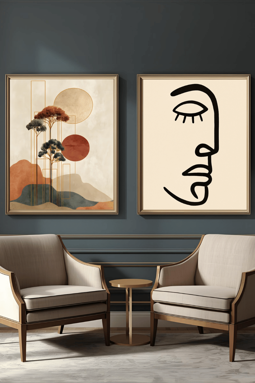 Minimalist Japanese Wall Art - Tranquil Abstract Landscape with Gold Accents