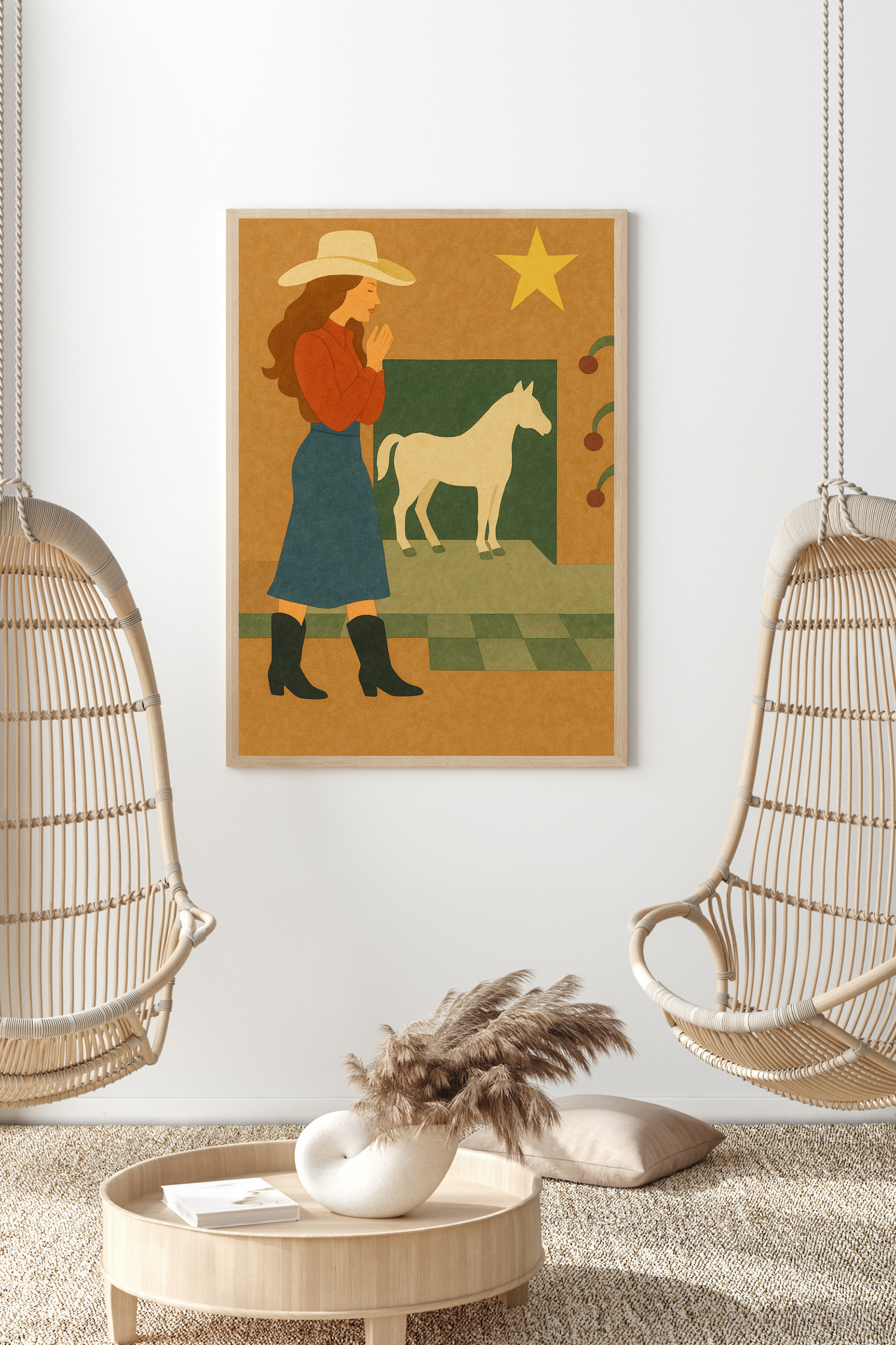 Cowgirl and Horse Wall Art Poster - Modern Western Folk Art Print | Rustic Ranch Decor