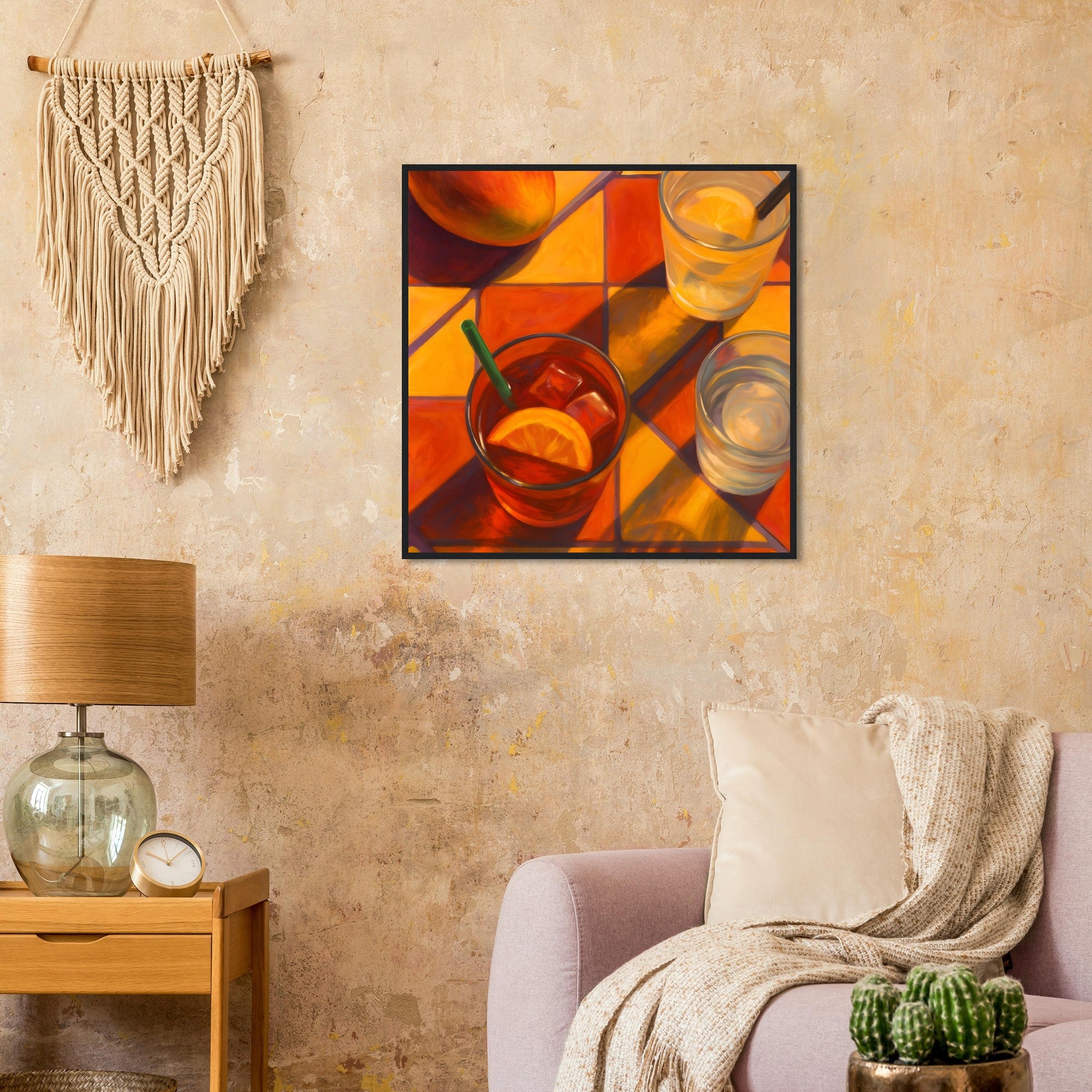 Vibrant Mango & Citrus Still Life Poster - Warm Tile Aesthetic Wall Art - Wooden Framed Poster
