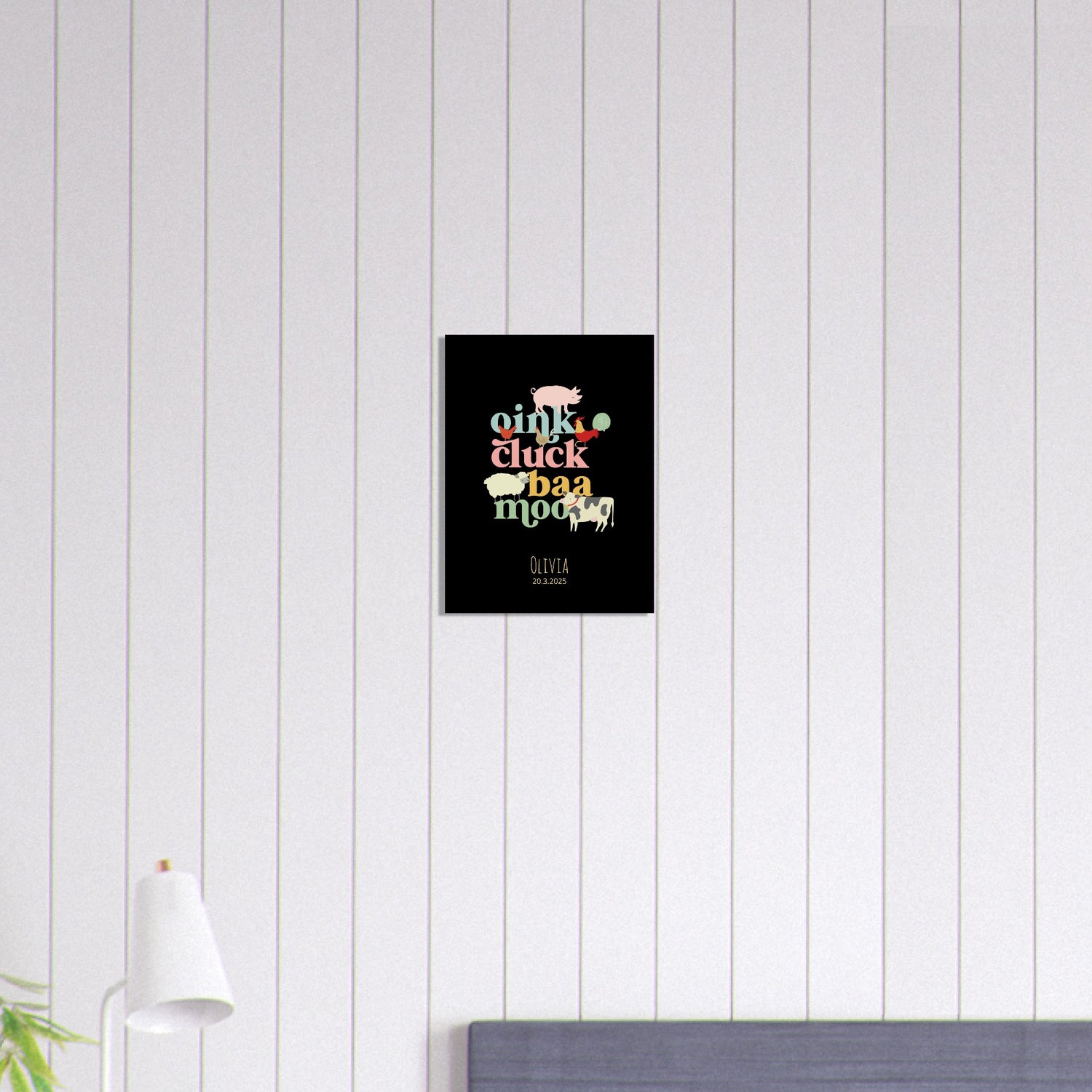 Oink Cluck Baa Moo Personalized Farm Print - Cute Nursery Wall Art Poster - Black 30x40 cm 12x16″