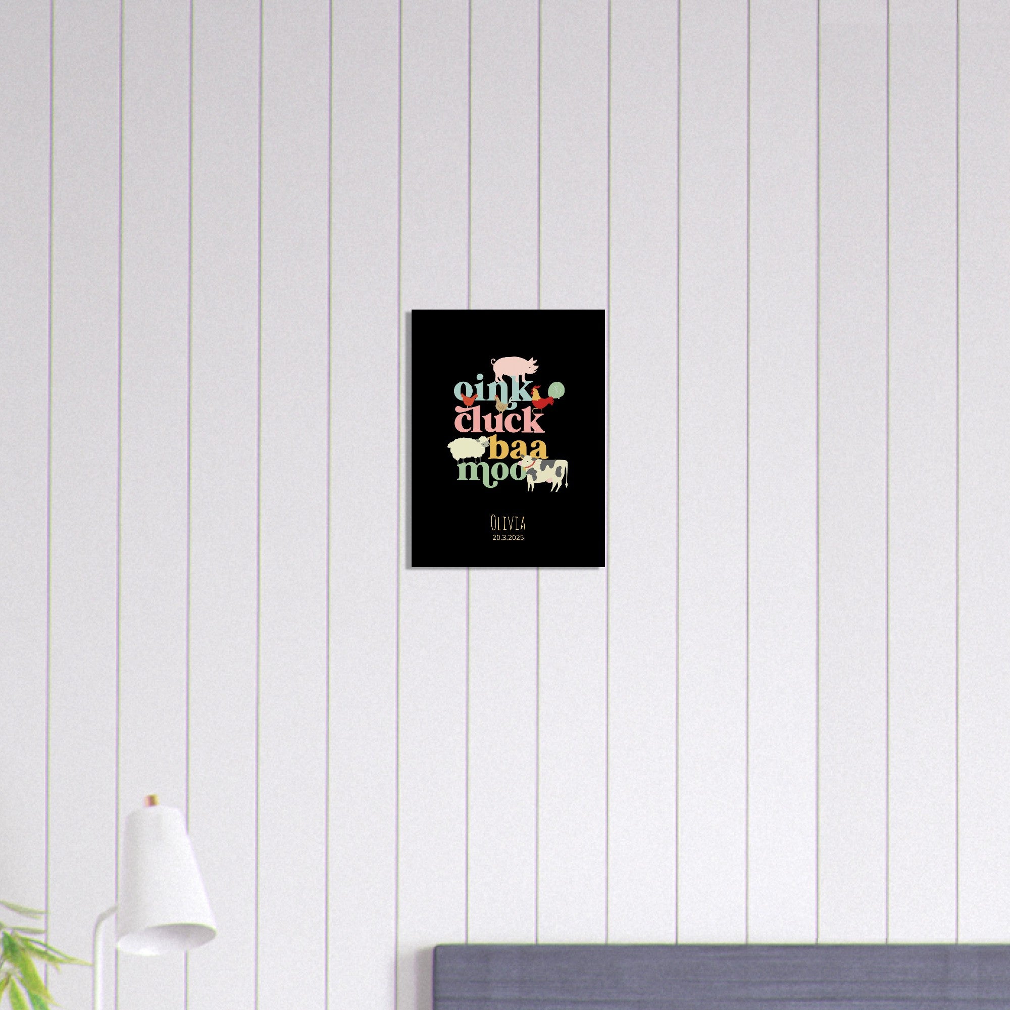 Oink Cluck Baa Moo Personalized Farm Print - Cute Nursery Wall Art Poster - Black 30x40 cm 12x16″