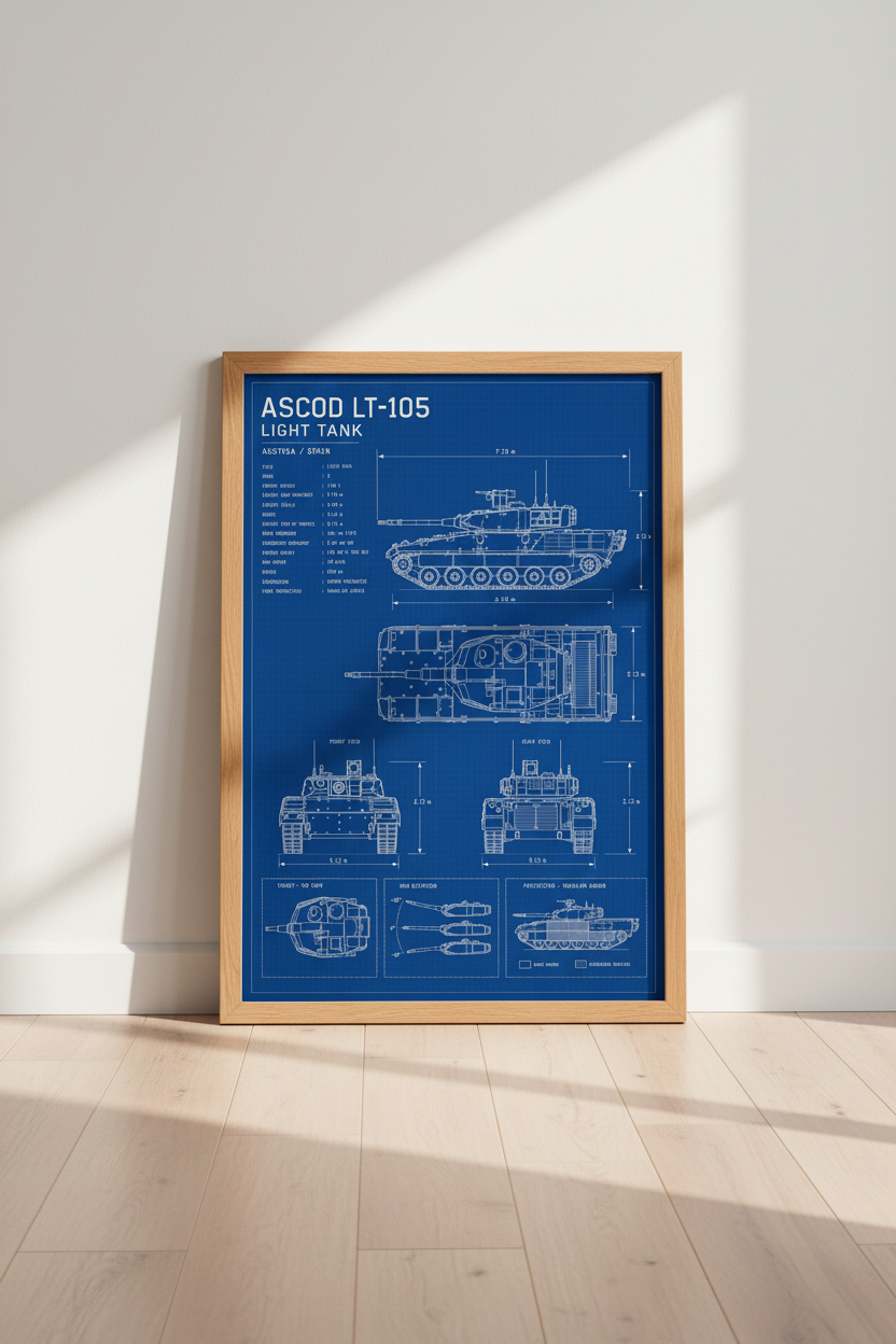 ASCOD LT-105 Light Tank Blueprint Wall Art | Office Decor | Military Schematic Poster
