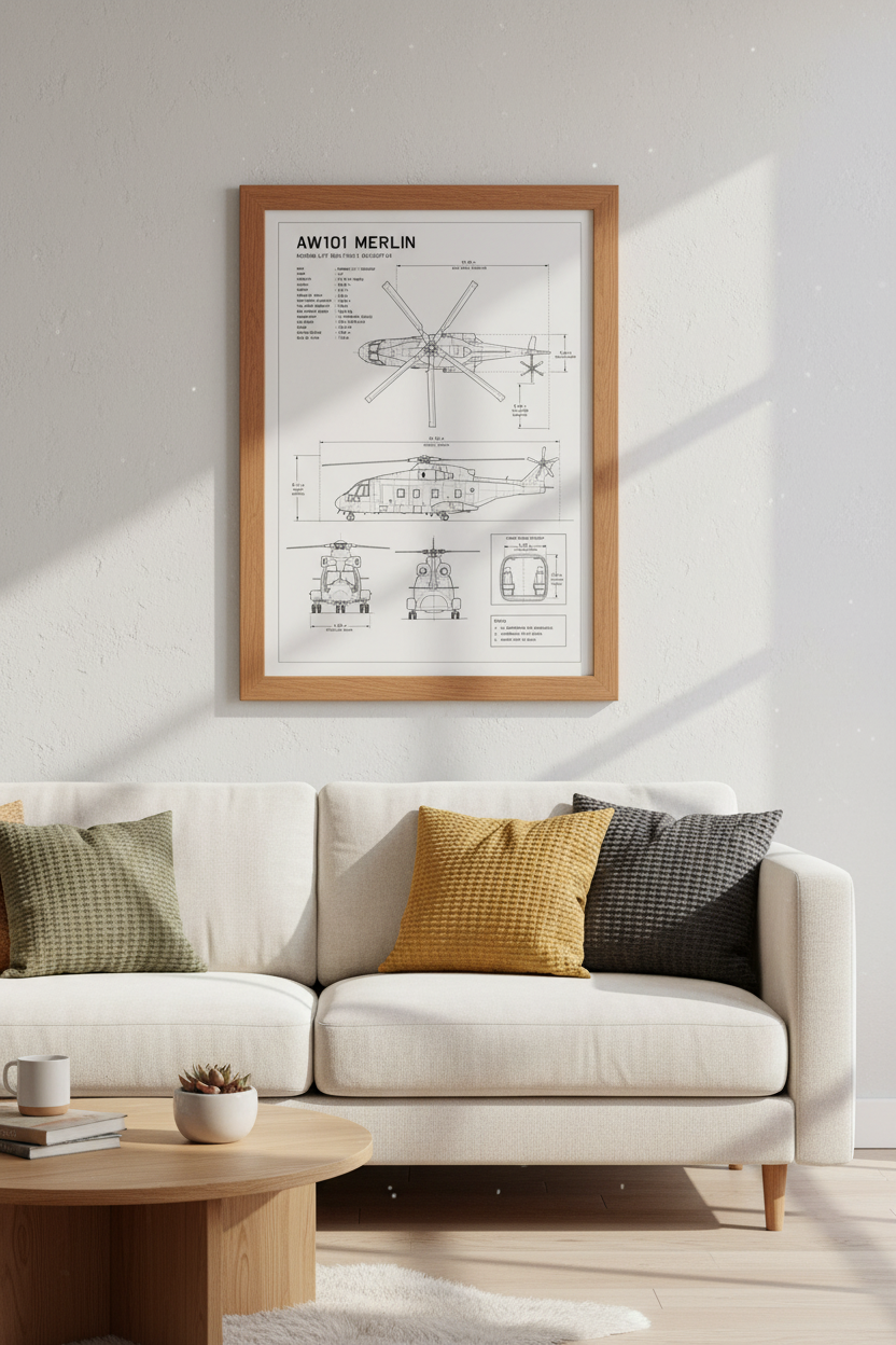AW101 Merlin Helicopter Blueprint | Professional Aviation Wall Art, Office Decor Poster