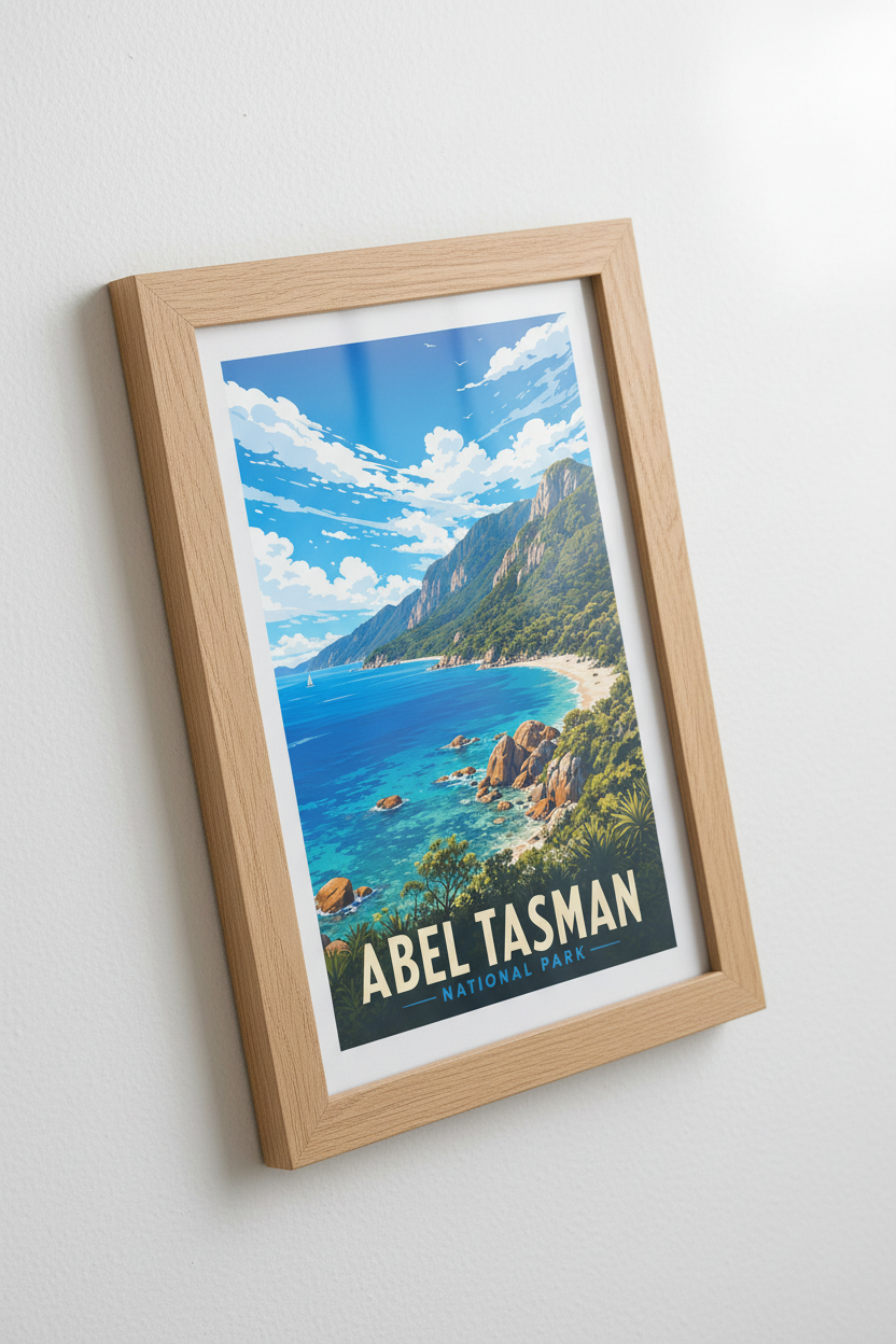 Abel Tasman National Park New Zealand Art | Blue Coastal Travel Poster, Nature Print