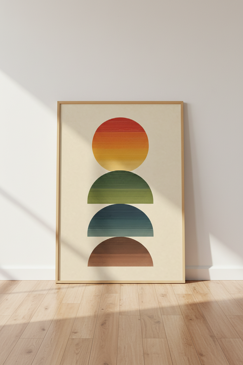 Mid Century Geometric Sun Wall Art | Retro Earth Tones, Living Room Decor