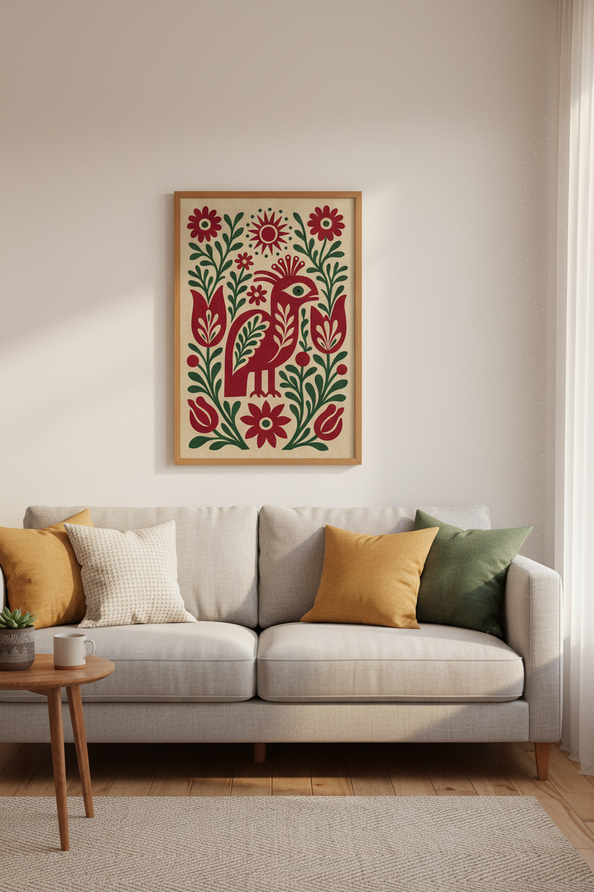 Folk Bird Floral Wall Art | Red & Green Nordic Design, Living Room Decor