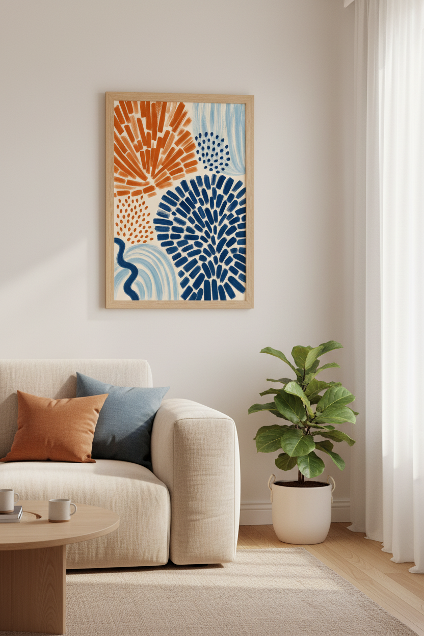 Abstract Botanical Sun | Burnt Orange & Navy Blue Prints, Modern Living Room Decor