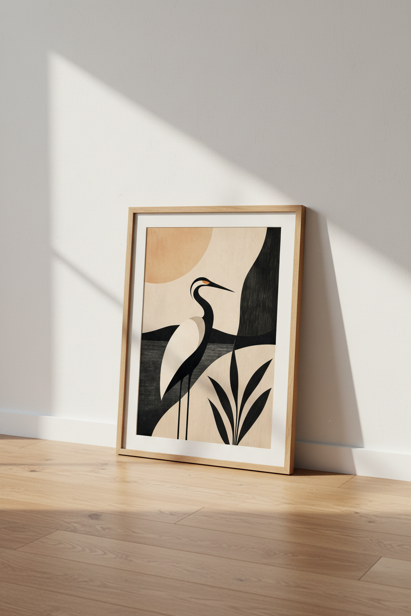Crane Wall Art | Geometric Beige-Black Palette, Living Room