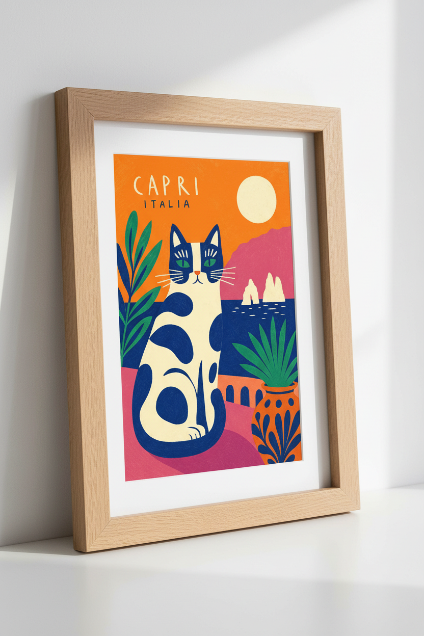 Capri Italy Cat Wall Art | Amalfi Coast Travel Poster | Vibrant Mediterranean Decor
