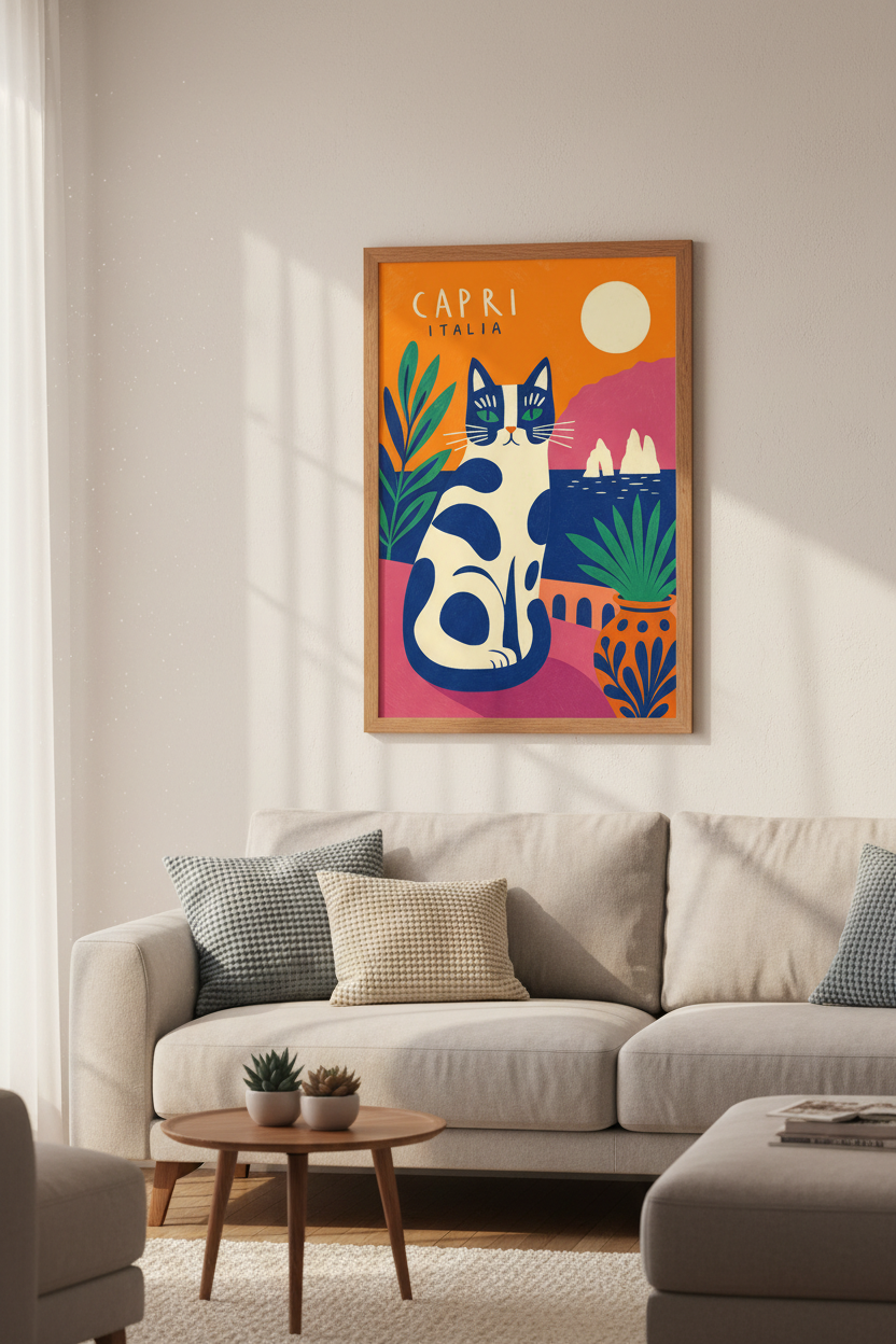 Capri Italy Cat Wall Art | Amalfi Coast Travel Poster | Vibrant Mediterranean Decor