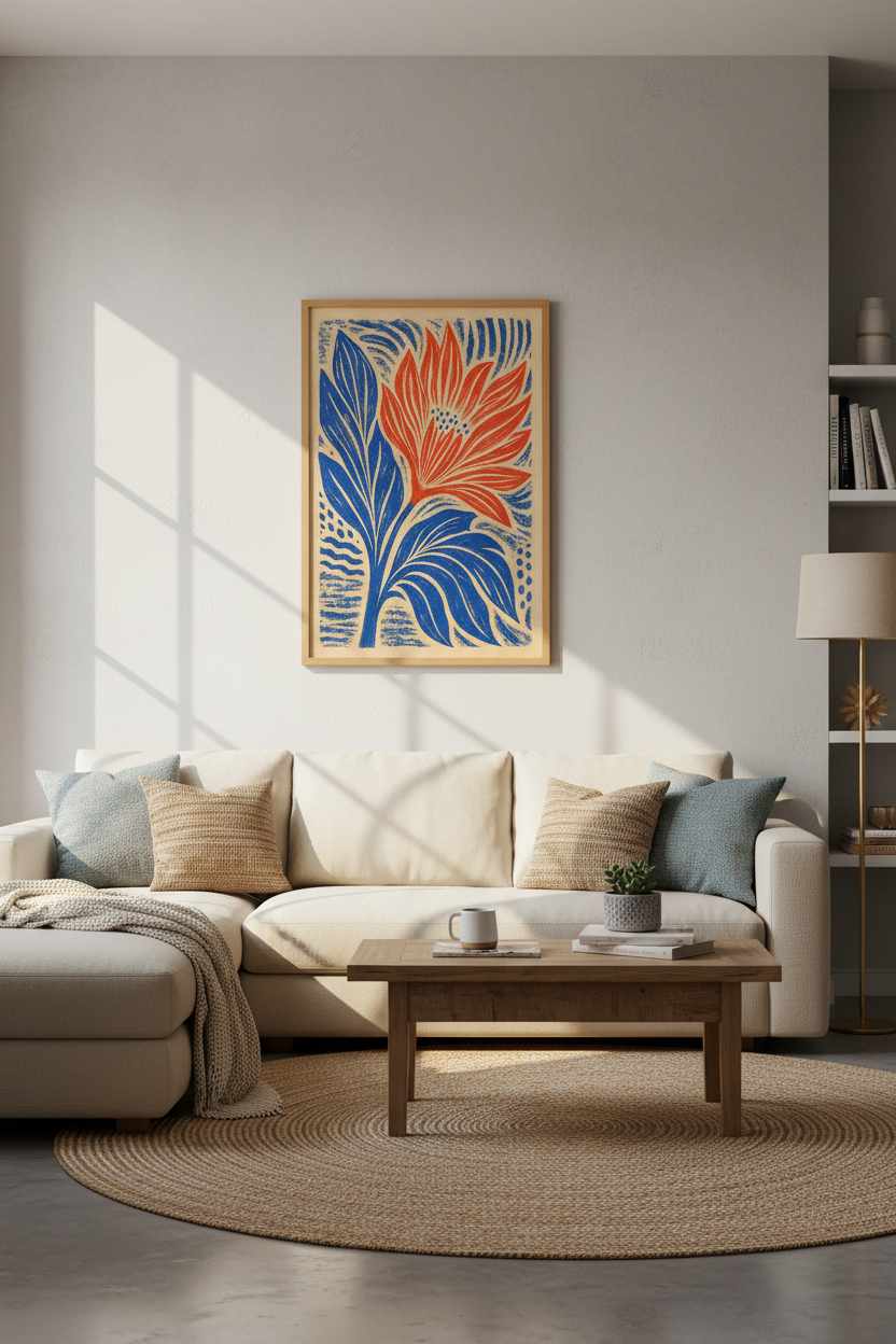 Folk Floral Wall Art | Orange & Blue Botanical Print, Modern Boho Living Room Decor