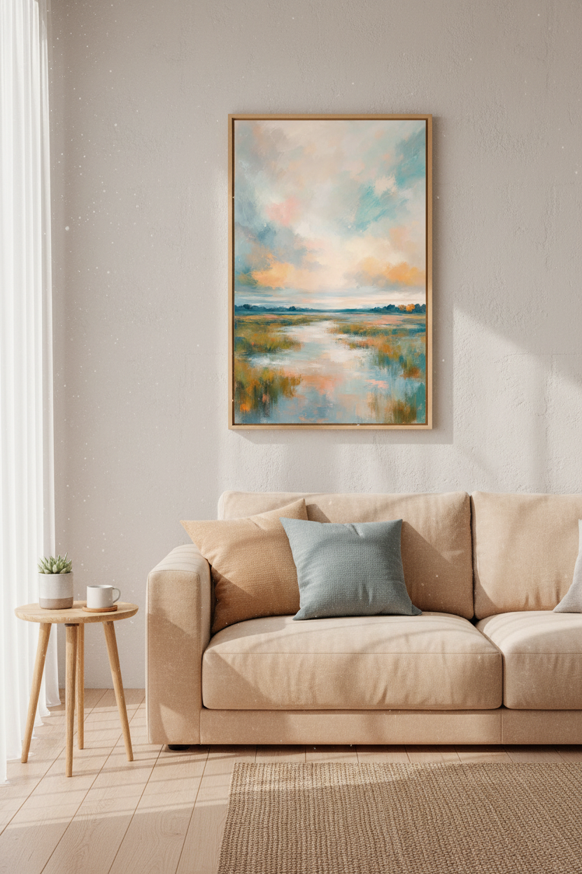 Abstract Coastal Marsh Landscape | Soft Peach & Blue Pastel, Living Room Wall Art