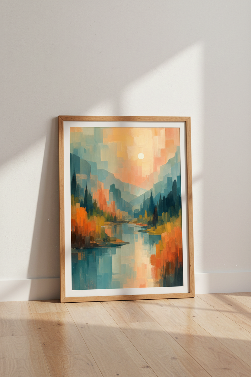 Abstract Mountain Landscape Art | Teal & Orange Sunset Poster, Modern Living Room Decor