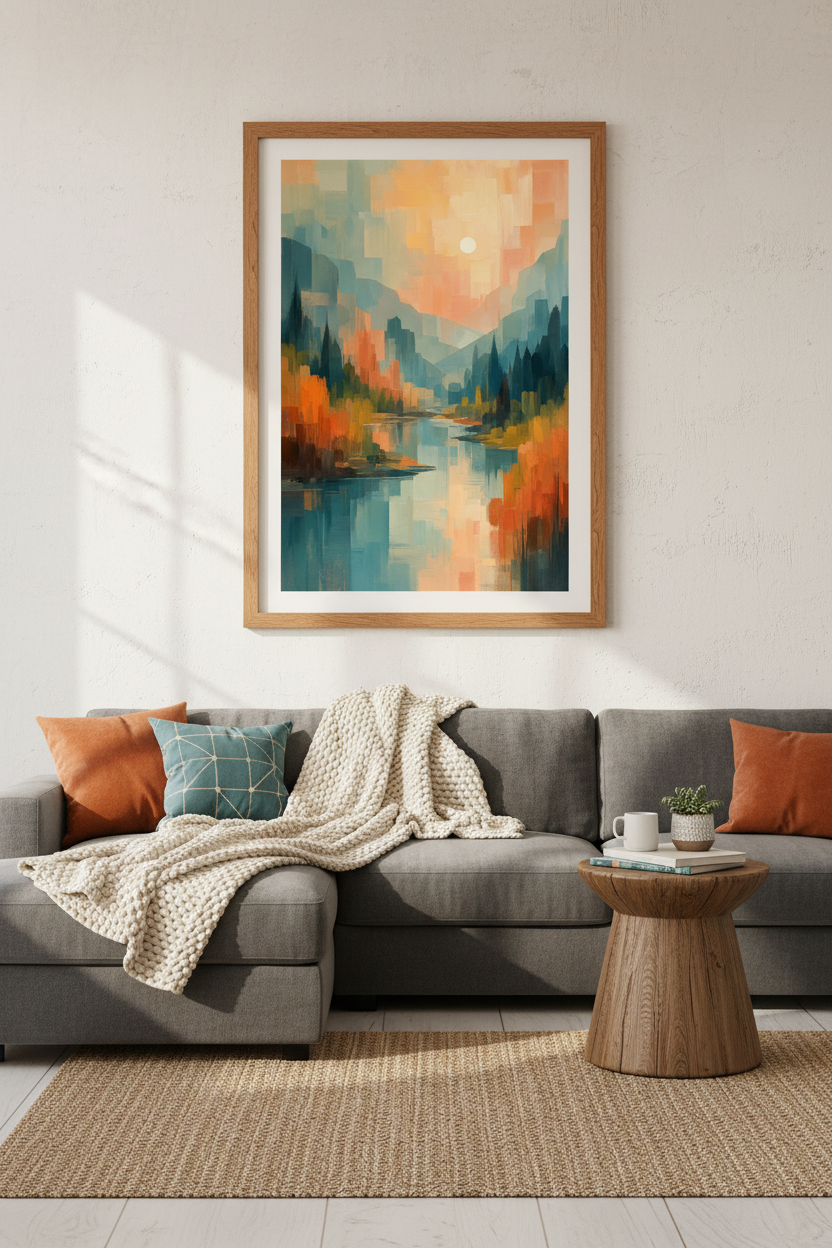 Abstract Mountain Landscape Art | Teal & Orange Sunset Poster, Modern Living Room Decor