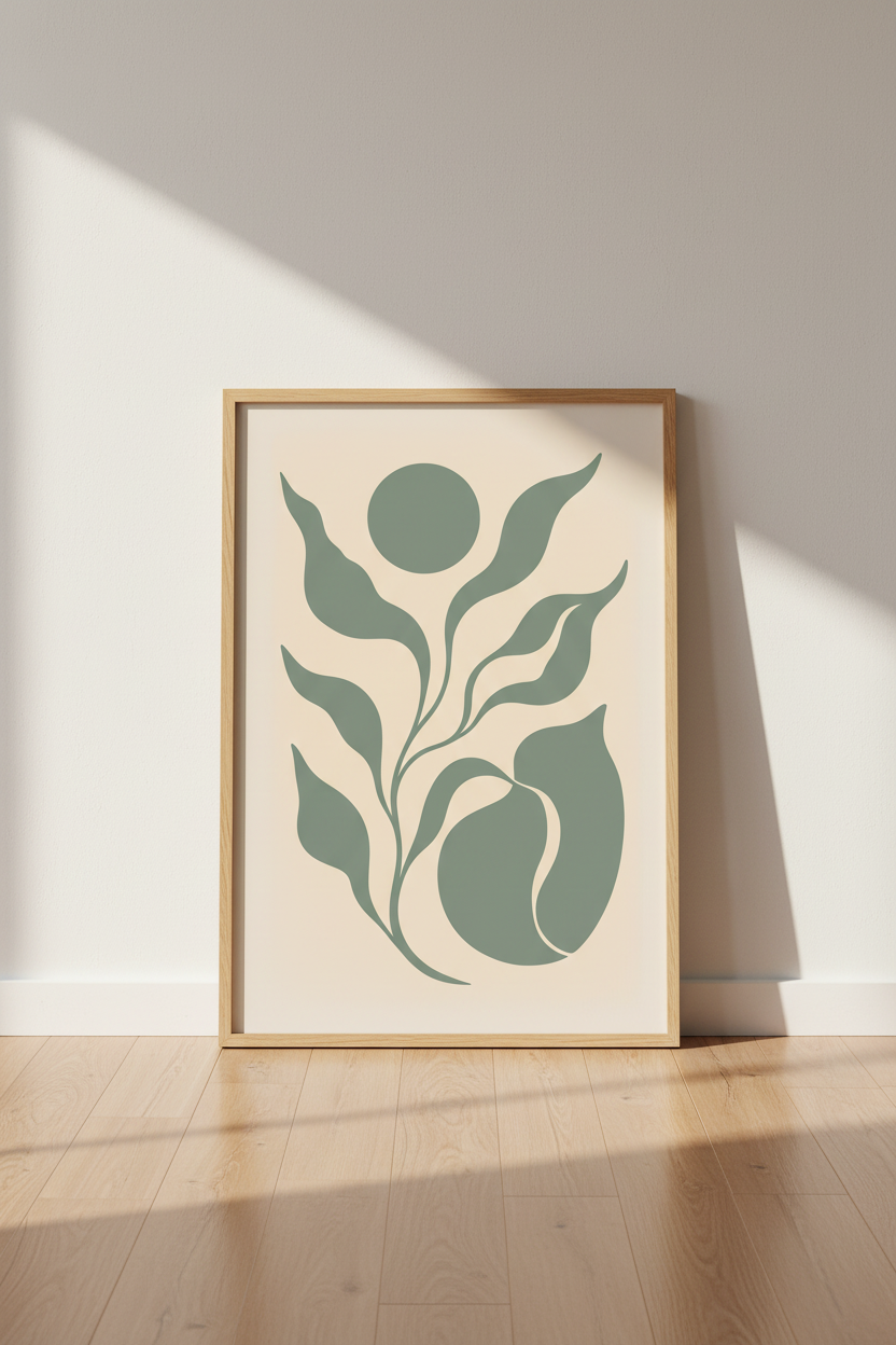 Abstract Plant Art | Teal on Cream Minimalist Wall Decor | Living Room Poster