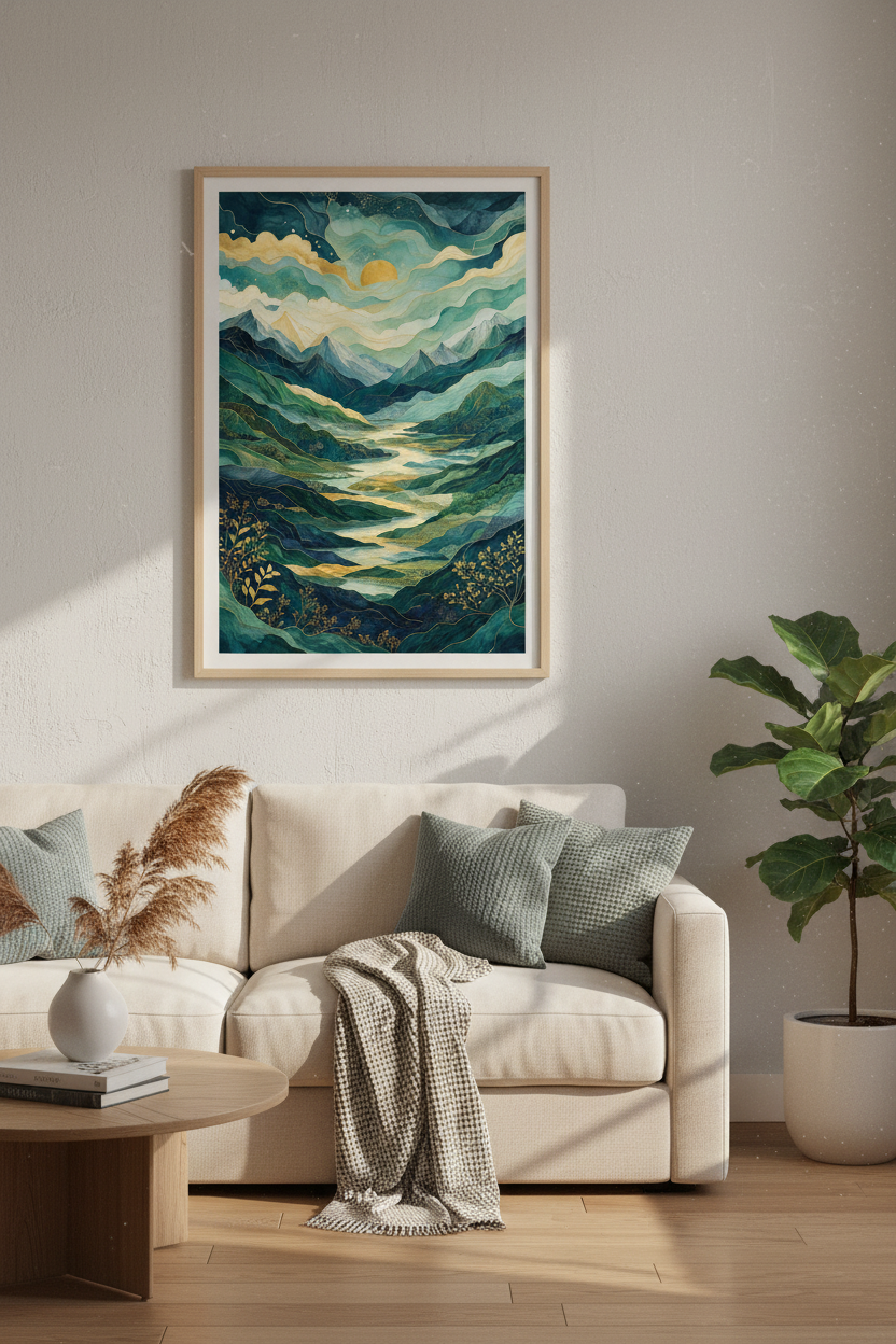 Abstract Mountain River Wall Art | Teal and Gold Landscape | Modern Living Room Decor