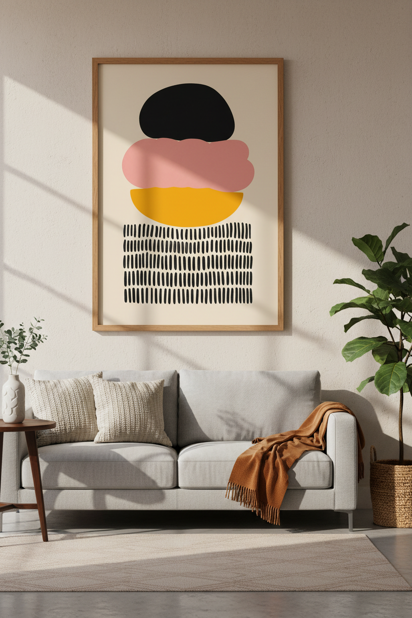 Abstract Shapes Wall Art | Mid Century Pink & Gold Poster | Modern Living Room Decor