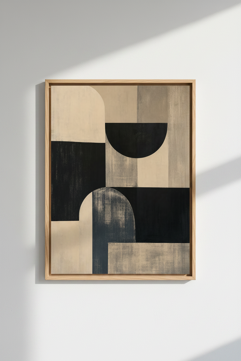 Neutral Abstract Art Print | Mid-Century Modern Beige & Black, Minimalist Decor