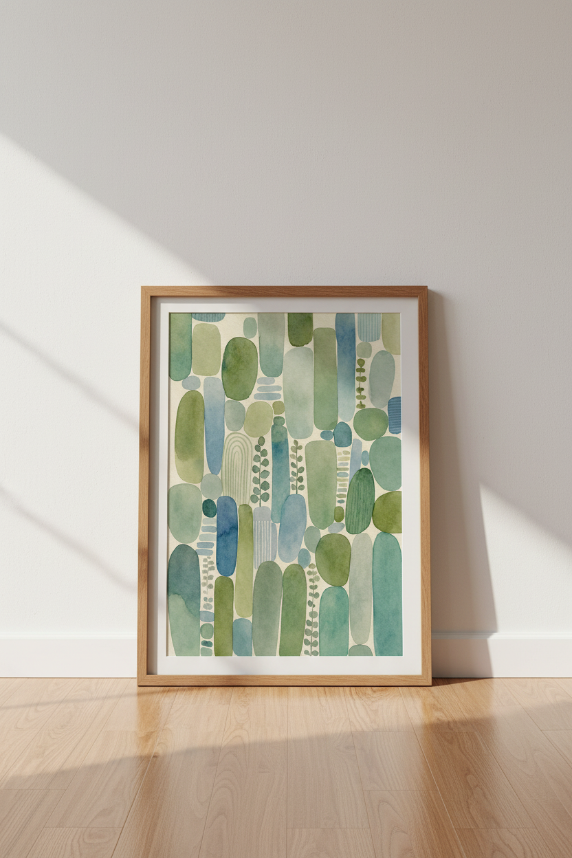 Abstract Watercolor Pebbles | Sage Green & Blue Organic Shapes, Nature Wall Art
