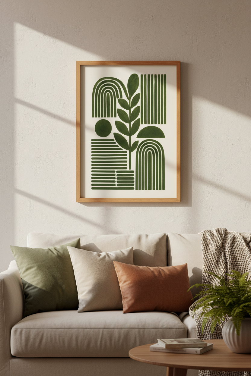 Abstract Botanical Leaf Wall Art | Forest Green Boho Arches, Living Room Decor