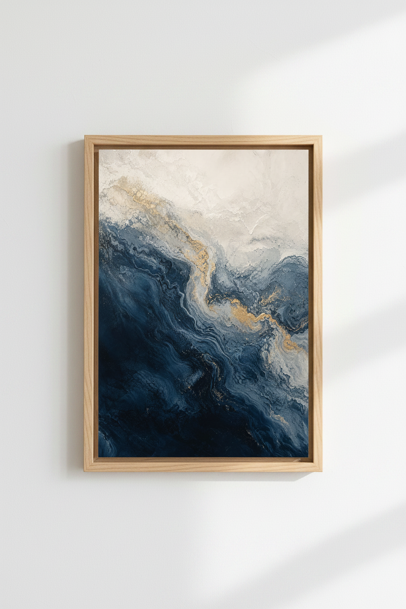 Navy Blue Gold Abstract Art | Modern Indigo & Gold Poster, Living Room Wall Decor