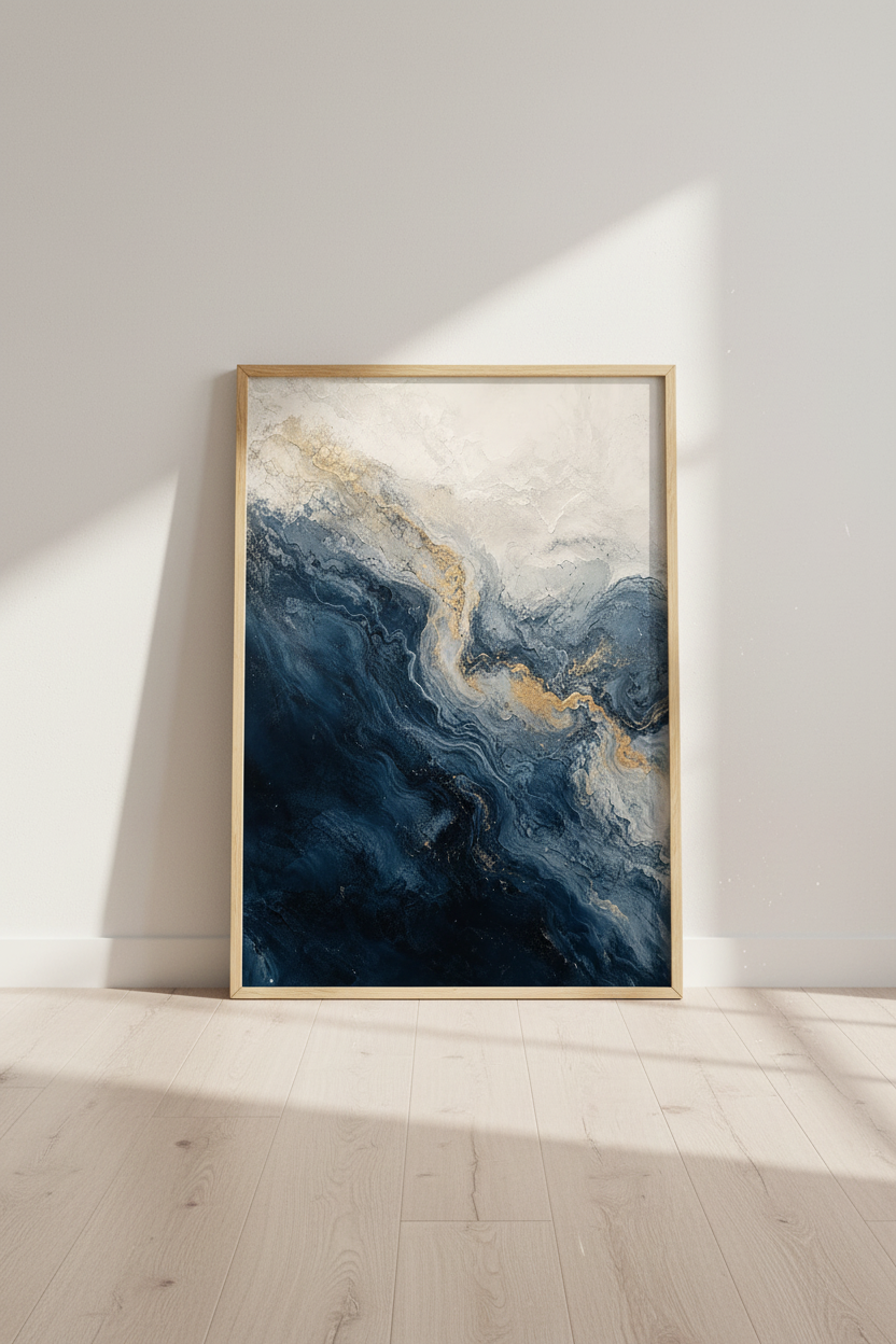 Navy Blue Gold Abstract Art | Modern Indigo & Gold Poster, Living Room Wall Decor