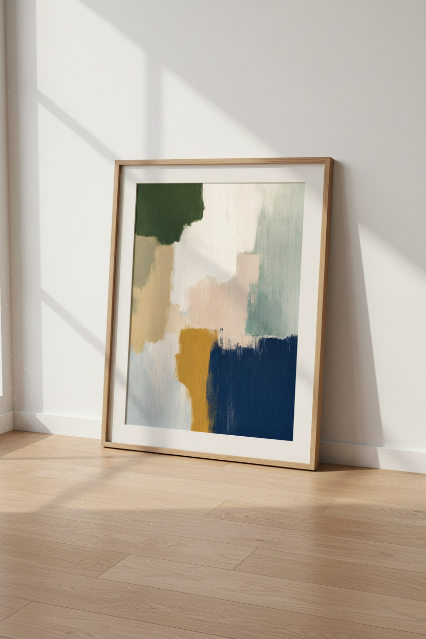 Abstract Color Block Wall Art | Navy & Green Earthy Tones, Modern Living Room Decor