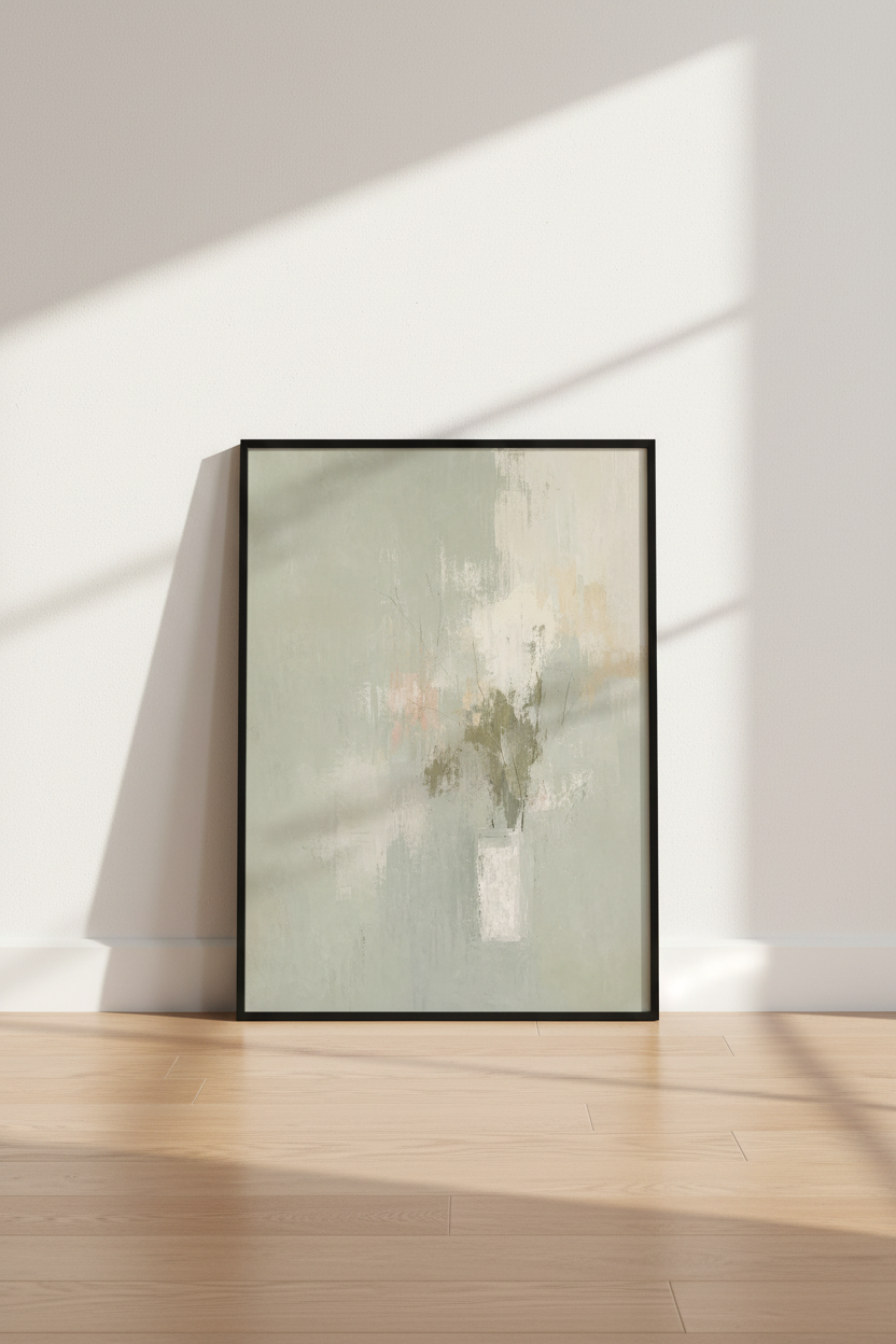 Abstract Floral Still Life | Muted Sage Green & Blush, Living Room Decor Art