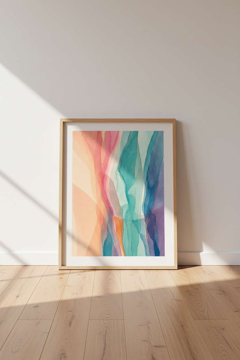Abstract Watercolor Waves | Pastel Teal Pink, Modern Living Room Decor