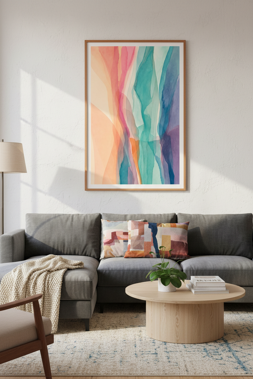 Abstract Watercolor Waves | Pastel Teal Pink, Modern Living Room Decor