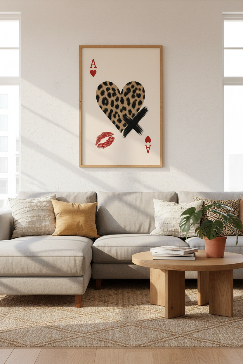 Leopard Heart Poster | Retro Playing Card Wall Art, Red Lip & Cheetah Print Decor