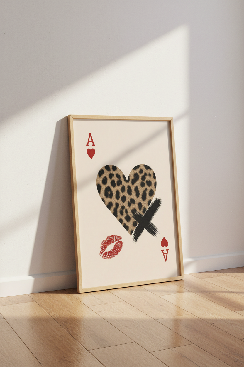 Leopard Heart Poster | Retro Playing Card Wall Art, Red Lip & Cheetah Print Decor