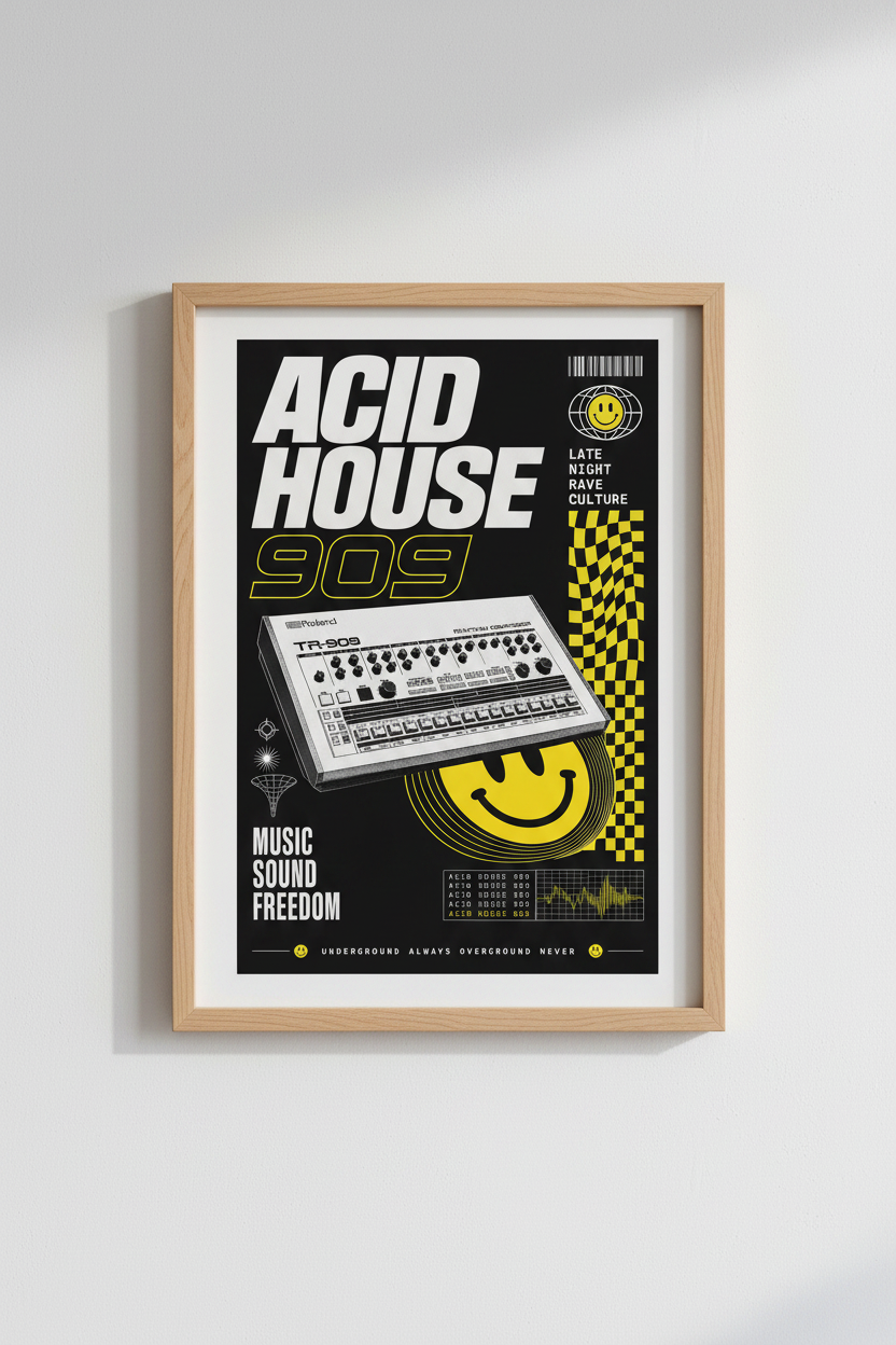 Acid House 909 | Retro Techno Rave Poster, Studio Wall Art