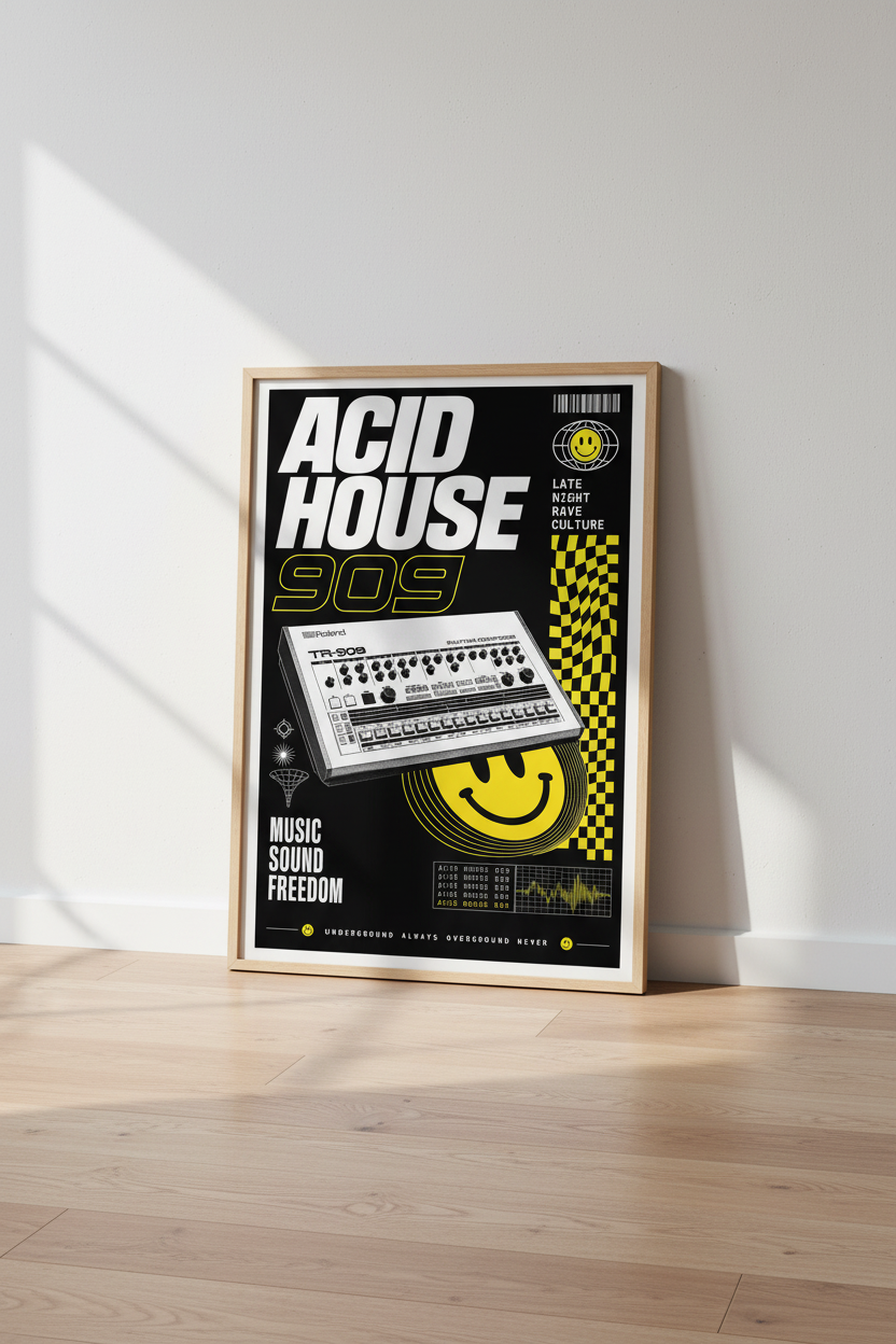 Acid House 909 | Retro Techno Rave Poster, Studio Wall Art