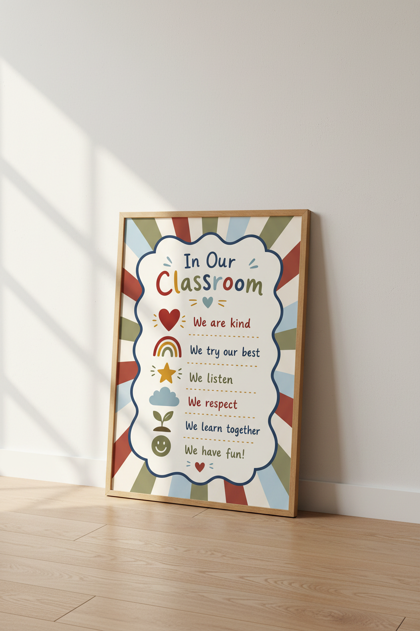 Classroom Rules Wall Art | Boho Muted Sunburst Poster | Teacher Gift Decor