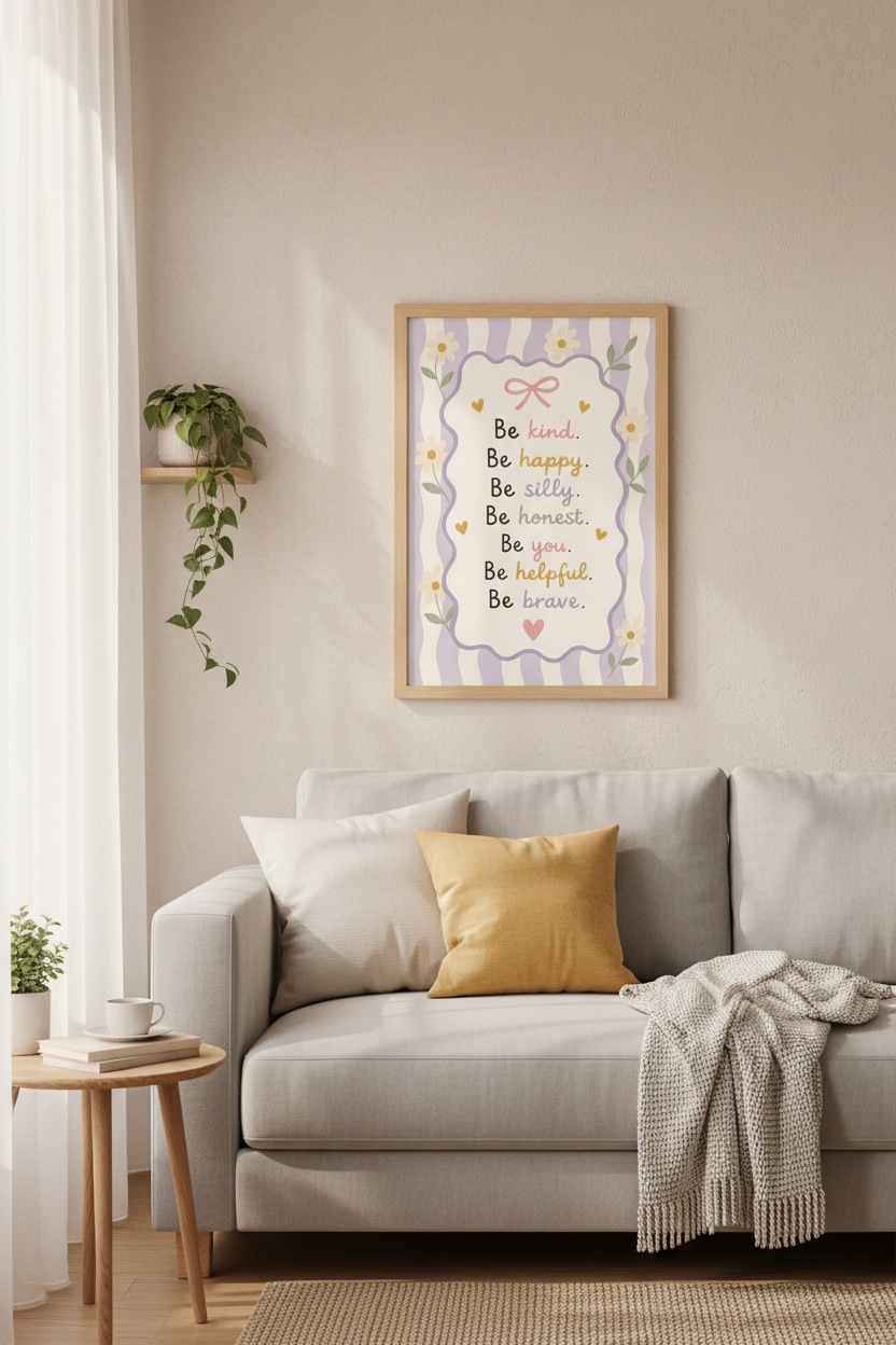 Be Kind Affirmations Wall Art | Lavender Coquette Daisy, Nursery Decor Poster