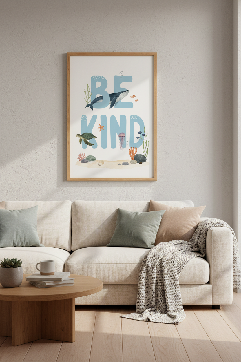 Be Kind Ocean Nursery Wall Art | Blue Watercolor Sea Animals | Kids Playroom Decor