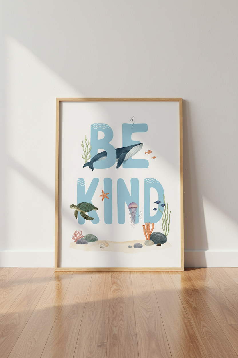 Be Kind Ocean Nursery Wall Art | Blue Watercolor Sea Animals | Kids Playroom Decor
