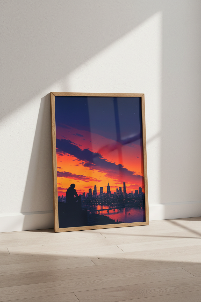 City Sunset Skyline Wall Art | Purple Orange Lofi Poster, Modern Bedroom Decor