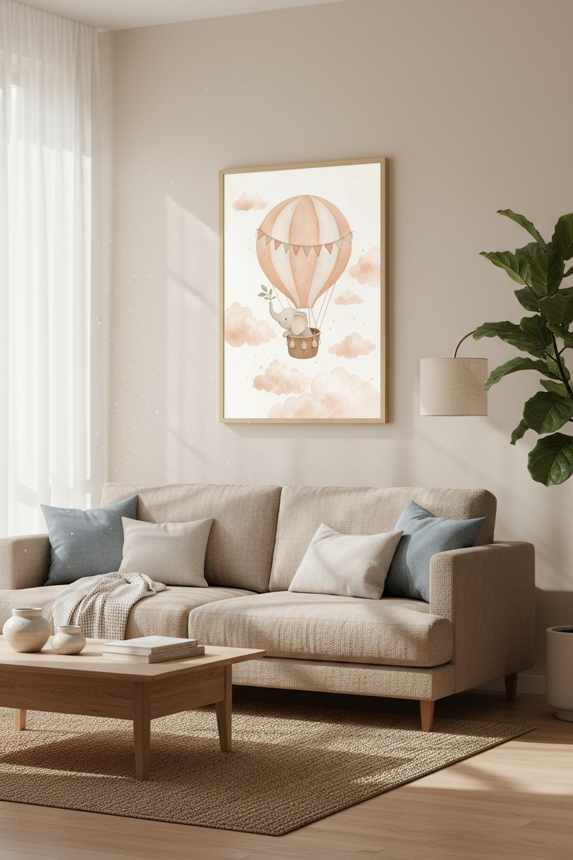 Elephant Hot Air Balloon Wall Art | Peach Watercolor Nursery | Boho Playroom Decor