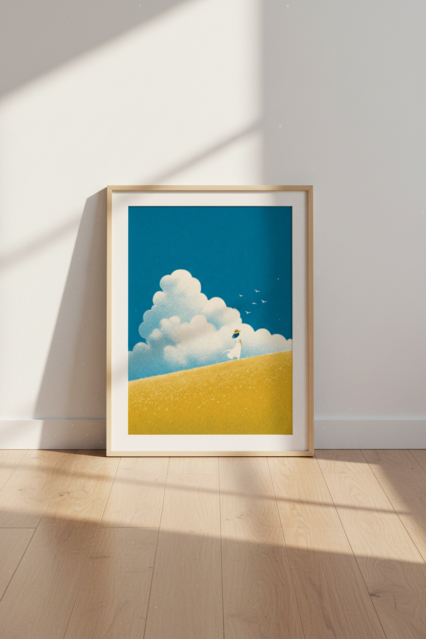Minimalist Summer Field Wall Art | Blue Sky Gold Meadow, Bedroom Decor Poster