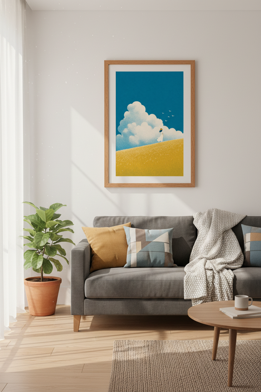 Minimalist Summer Field Wall Art | Blue Sky Gold Meadow, Bedroom Decor Poster