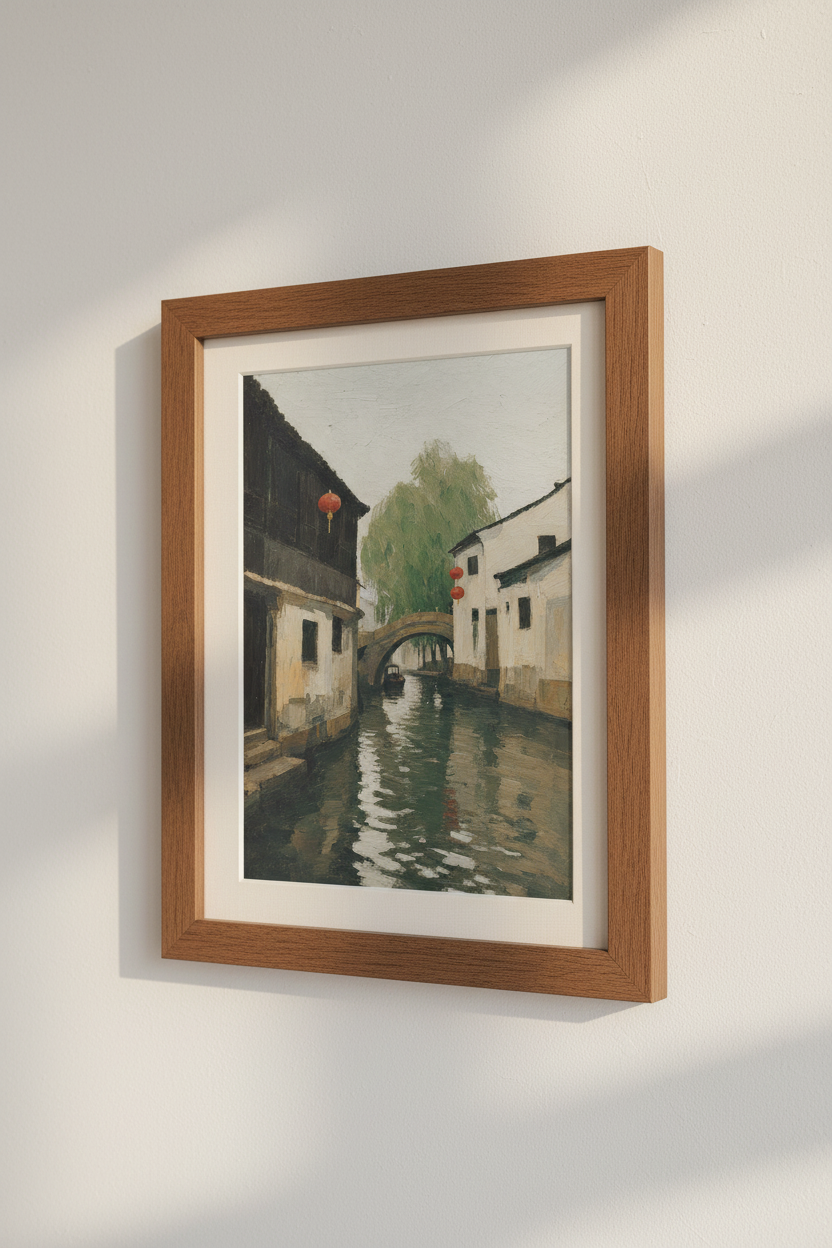 Chinese Water Town Oil Painting | Impressionist Canal Art, Red Lantern Decor