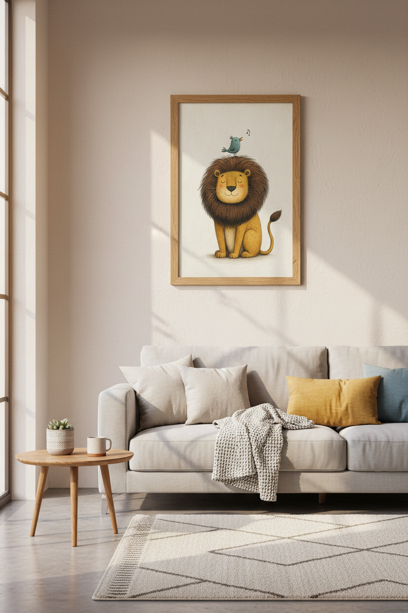 Lion and Bird Nursery Wall Art | Safari Animal Decor | Whimsical Storybook Poster