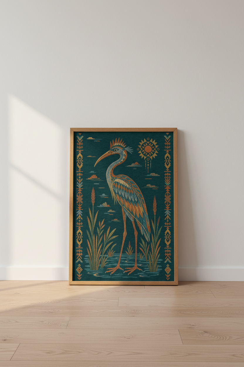 Heron Bird Wall Art | Tribal Boho Teal Print, Southwestern Living Room Decor