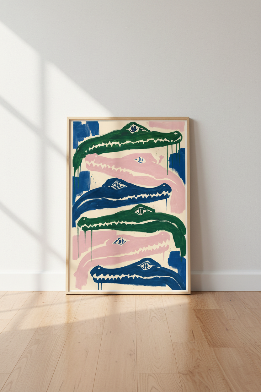 Abstract Alligator Wall Art Print | Pink & Green Eclectic Room Decor | Modern Animal
