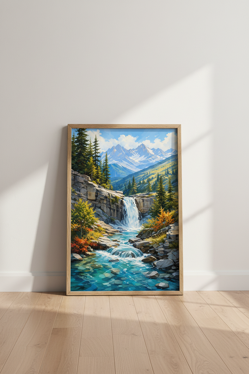 Mountain Waterfall Landscape Wall Art | Blue Nature Poster | Living Room Decor